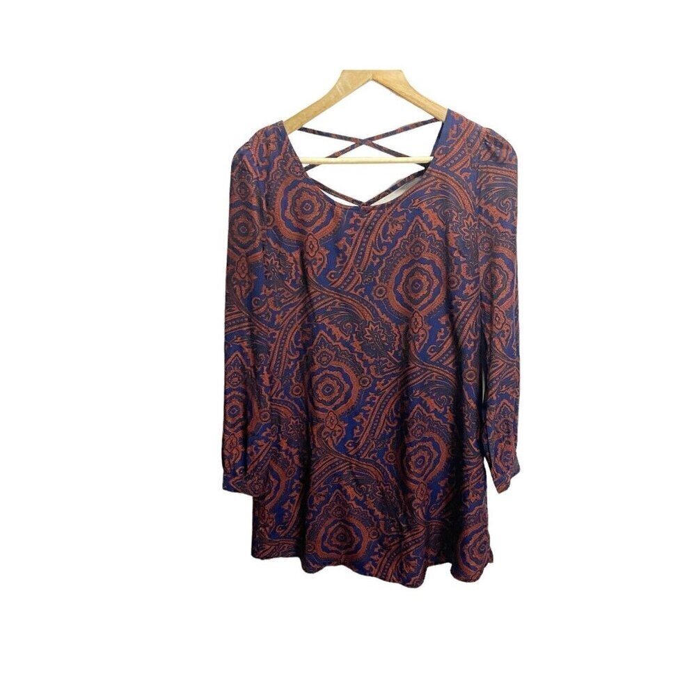Blu Pepper Paisley Navy And Rust Chiffon Dress Sz S Shift Long Sleeve Boho Casua